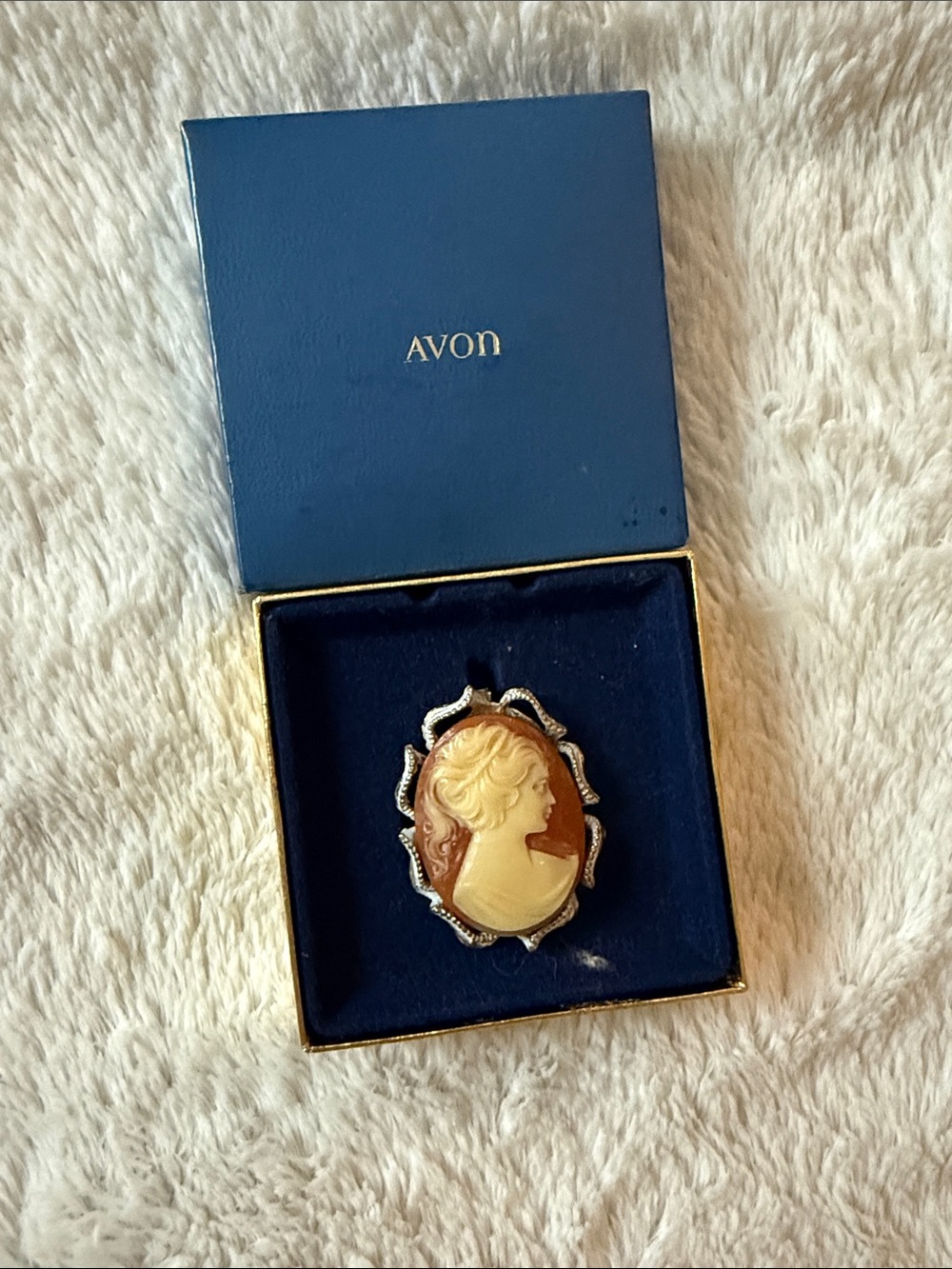 Avon Two-Tone Cameo Brooch in Cream and Brown with Silver-Tone Frame